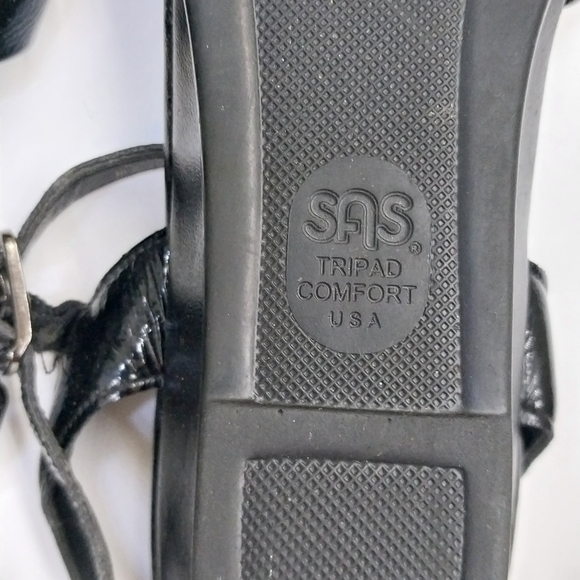 SAS Black Patent Leather Strippy Quarter Strap Wedge Sandals 7 Narrow - Picture 4 of 12